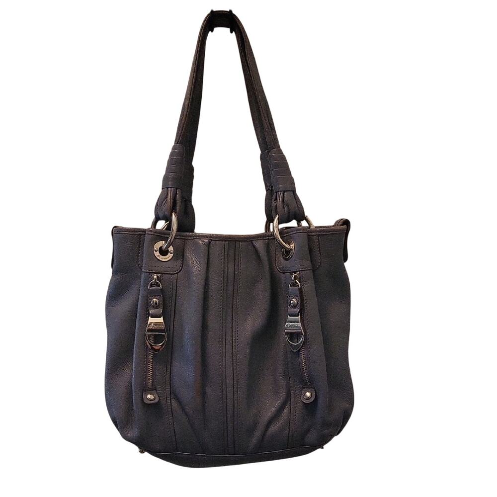 B. Makowsky Gray Leather Shoulder Bag Purse EUC
